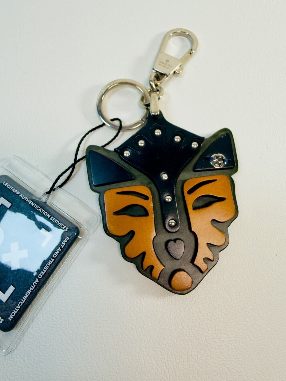 Authentic GUCCI Leather Tiger Head Keyring Bag Charm Silver Hardware Authentic